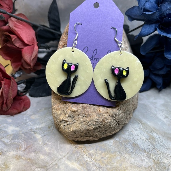 Handmade Jewelry - Black Cat glowing moon Earrings